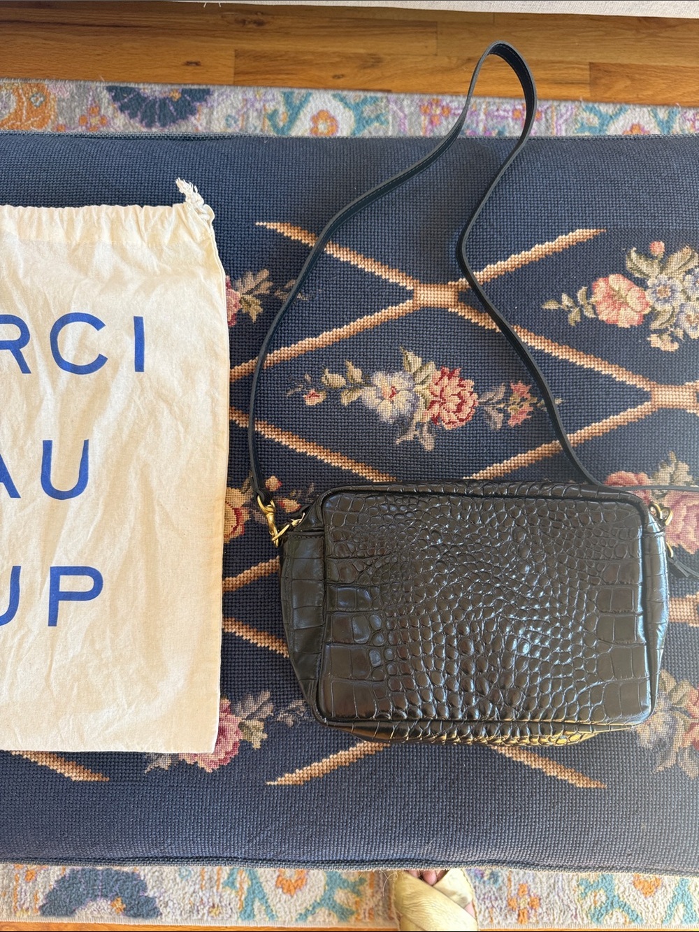 Clare V Black Croc-Embossed Crossbody Shoulder Bag